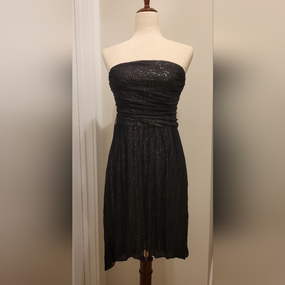 Express Black Strapless Mesh Sequin Hi Low Dress